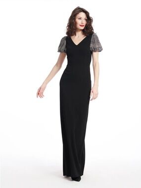 NWT Emily Shalant Jeweled Sleeve Crepe Gown Size 8